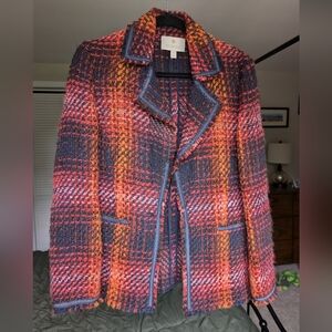 Etcetera Denim Trim Pink Orange Tweed Relaxed Open Lapel Blazer in 00